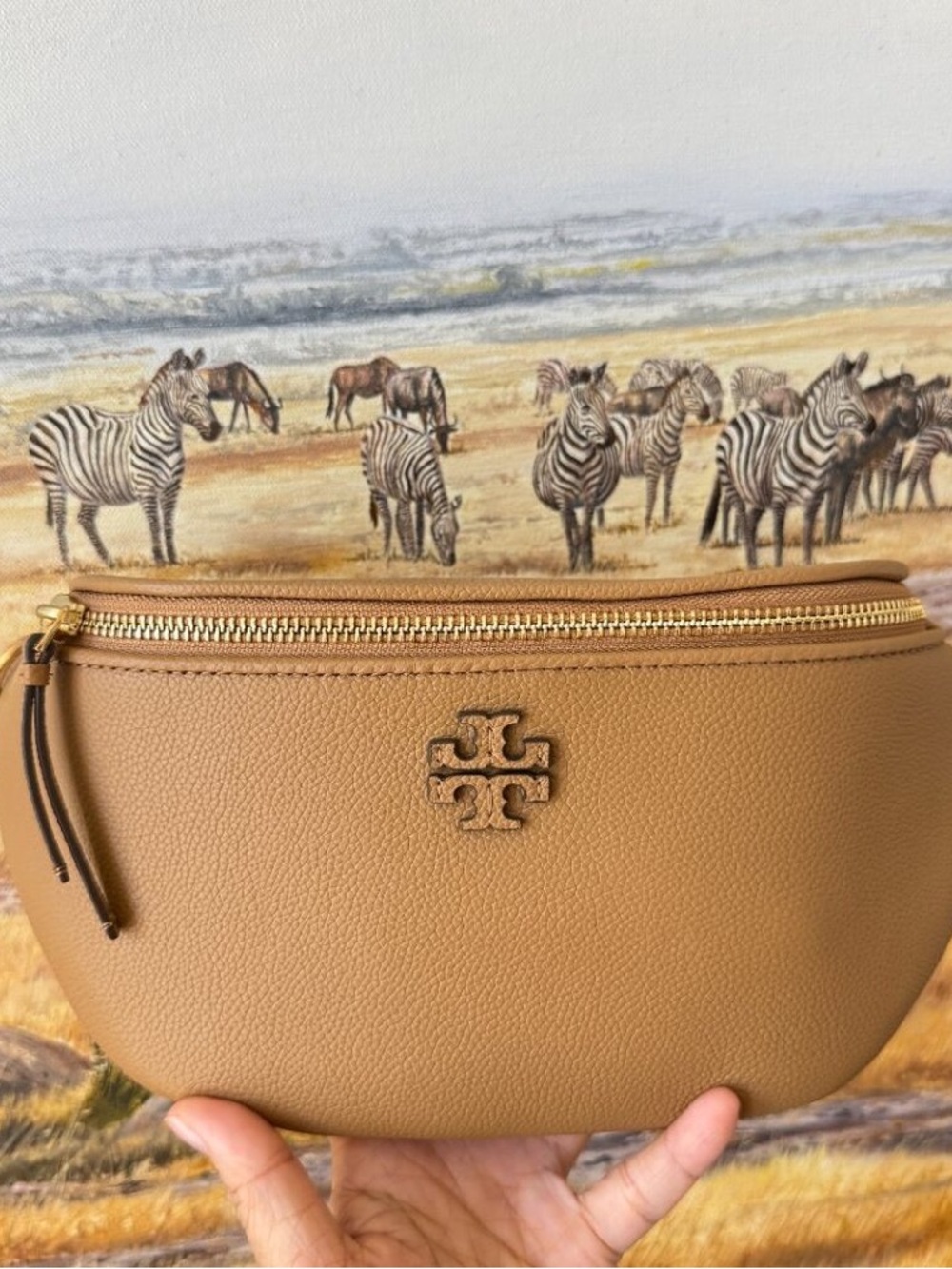 Tory Burch Tan Pebbled Leather Belt Bag with Gold Zipper